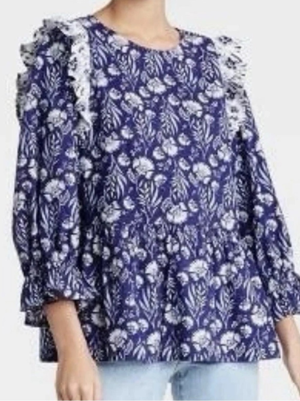 Universal Thread Boho Peasant Peplum Blouse Blue White Floral 3/4 Sleeve